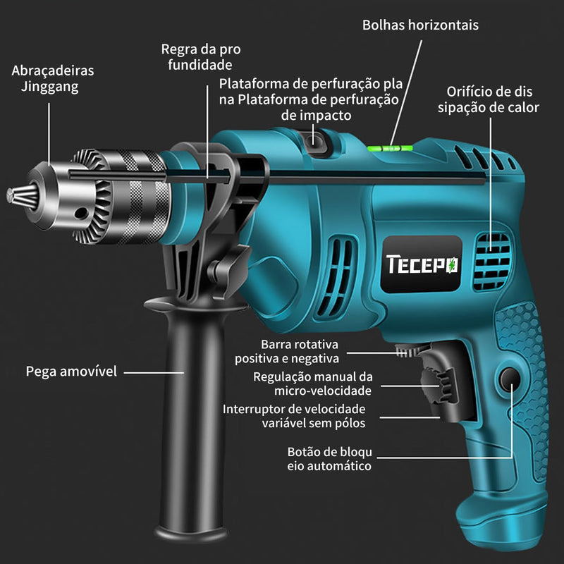 Furadeira de Impacto com Maleta, 1500w Parafusadeira 13mm,Ponteira Talhadeira Brocas (220, Volts)